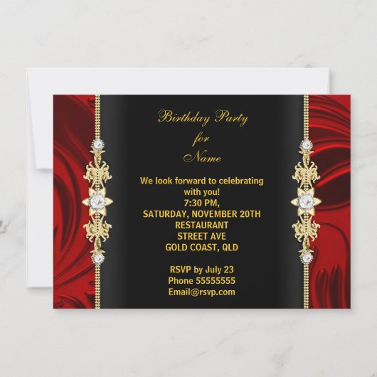 Red Floral Gold Black Elegant Birthday Party Kaart (Achterkant)