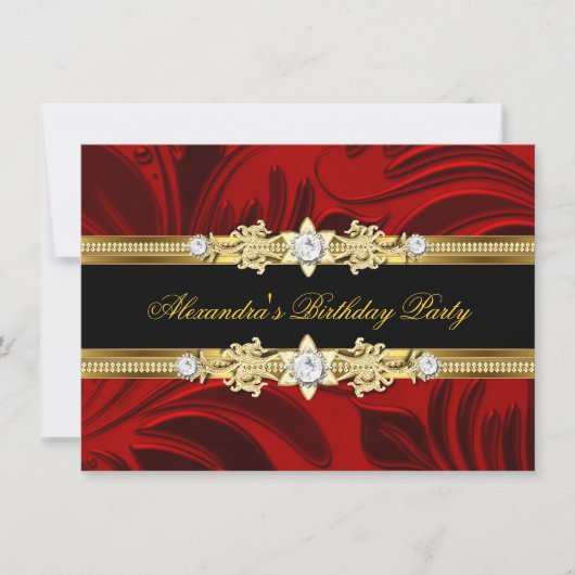 Red Floral Gold Black Elegant Birthday Party Kaart (Voorkant)