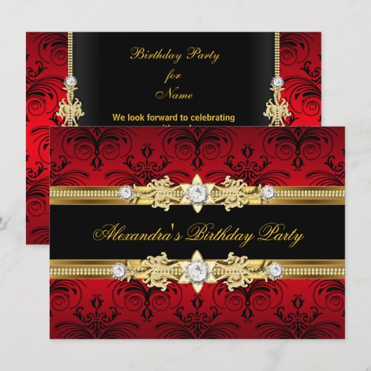 Red Floral Gold Black Women's Birthday Party Kaart (Voorkant / Achterkant)