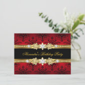 Red Floral Gold Black Women's Birthday Party Kaart (Staand voorkant)