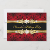 Red Floral Gold Black Women's Birthday Party Kaart (Voorkant)