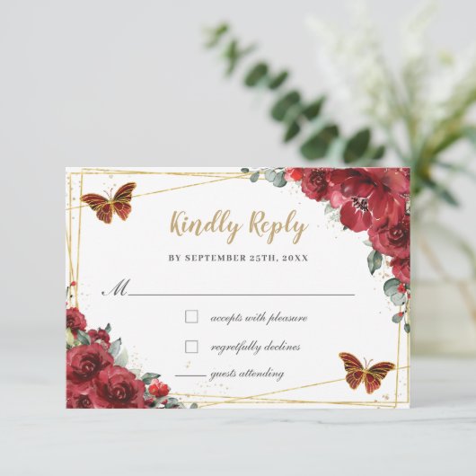 Red Floral Gold Butterflies Quinceañera Antwoord (Staand voorkant)