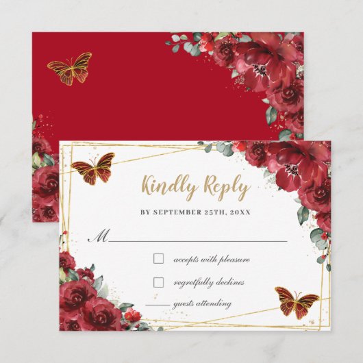 Red Floral Gold Butterflies Quinceañera Antwoord (Voorkant / Achterkant)