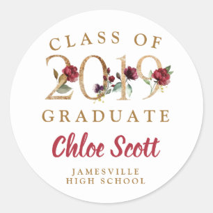 Red Floral Gold Class of 2019 Afstuderen Ronde Sticker