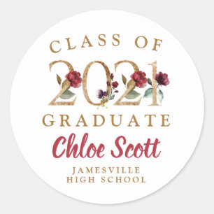 Red Floral Gold Class of 2021 Afstuderen Ronde Sticker