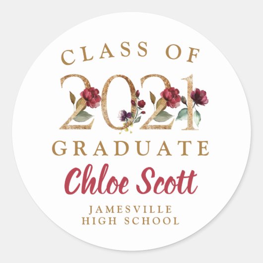 Red Floral Gold Class of 2021 Afstuderen Ronde Sticker (Voorkant)
