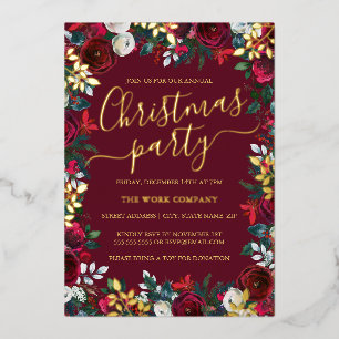 Red Floral Gold Leaf Corporate Christmas Party Folie Uitnodiging