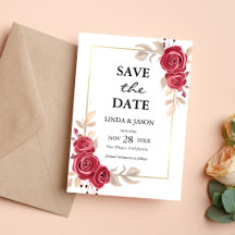 Red Floral Gold Lijst Wedding Save the Date Kaart