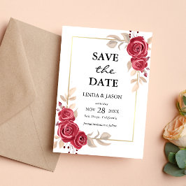 Red Floral Gold Lijst Wedding Save the Date Kaart