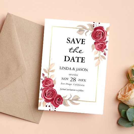 Red Floral Gold Lijst Wedding Save the Date Kaart