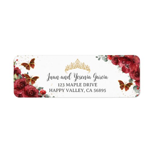 Red Floral Gold Quinceanera XV 15 Retouradres Etiket (Voorkant)