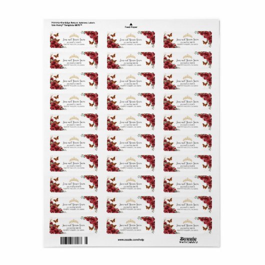 Red Floral Gold Quinceanera XV 15 Retouradres Etiket (Full Sheet)