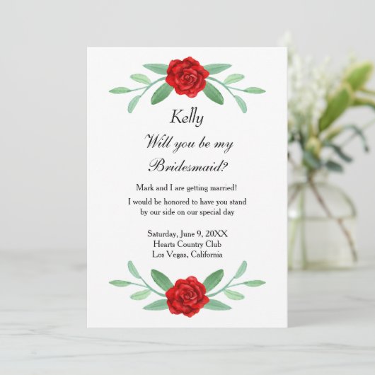 Red Floral Greenery Foliage Bridesmaid Kaart (Staand voorkant)