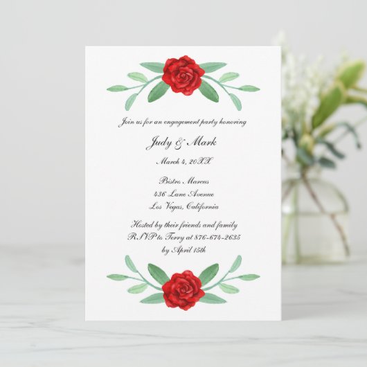 Red Floral Greenery Foliage Engagement Party Kaart (Staand voorkant)