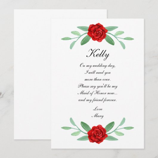 Red Floral Greenery Foliage Maid of Honor Kaart (Voorkant / Achterkant)