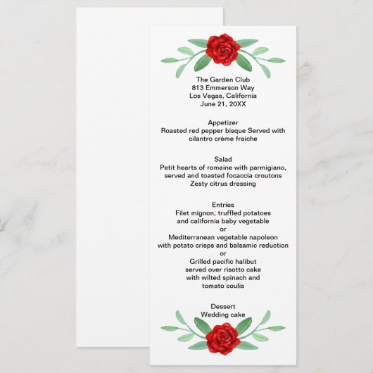 Red Floral Greenery Foliage Wedding Menu Kaart (Voorkant / Achterkant)