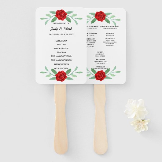 Red Floral Greenery Foliage Wedding Program Fans Handwaaier (Voorkant en achterkant)