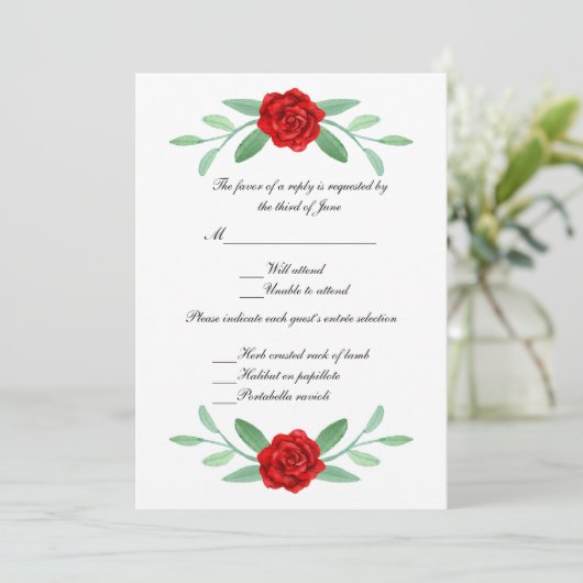 Red Floral Greenery Foliage Wedding Response Kaart (Staand voorkant)