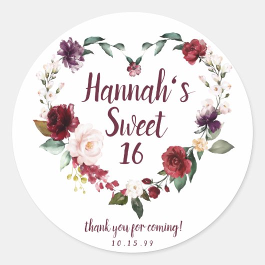 Red Floral Heart Sweet 16 Party Dank u Ronde Sticker (Voorkant)
