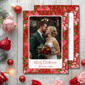 Red Floral Holiday Personalized Photo Flat Card Feestdagenkaart