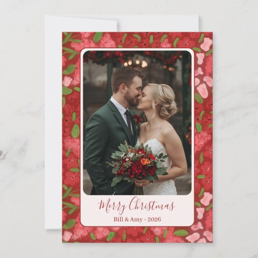 Red Floral Holiday Personalized Photo Flat Card Feestdagenkaart (Voorkant)