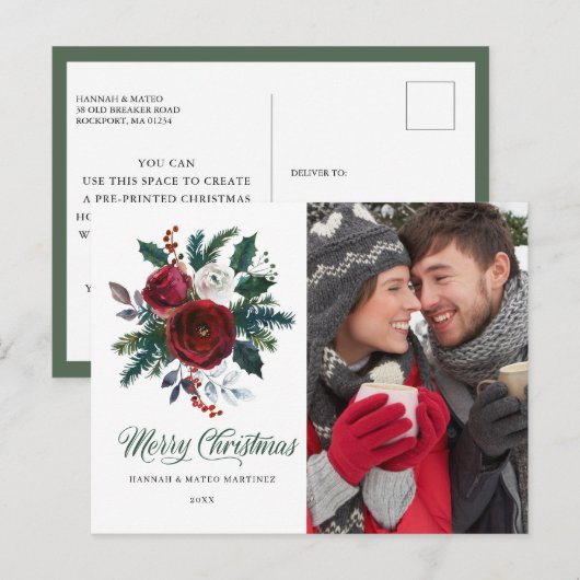 Red Floral Holly-kerstfeestdag Briefkaart (Voorkant / Achterkant)