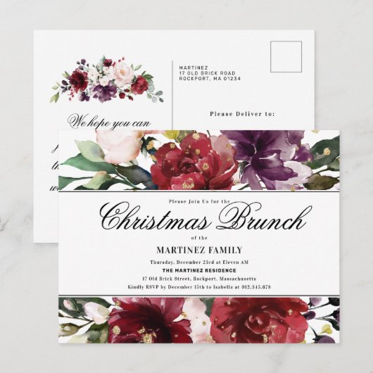 Red Floral Kerstmis Brunch Uitnodiging (Voorkant / Achterkant)