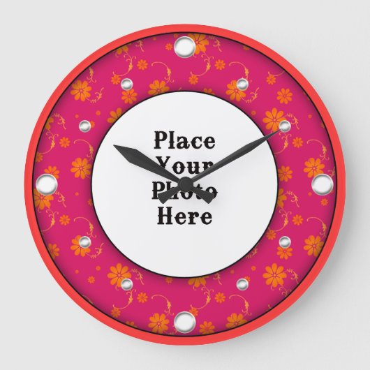 Red Floral Lijst Uw fotowandklok Grote Klok (Voorkant)