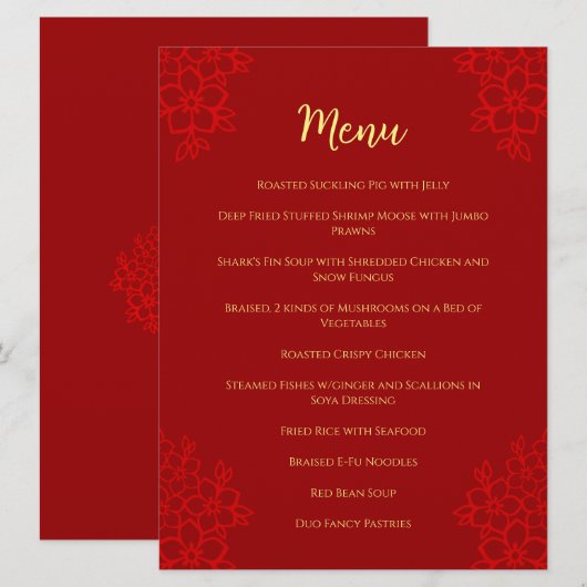 Red floral logo Chinese bruiloft dubbel geluk Menu (Voorkant / Achterkant)
