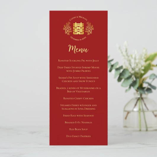 Red floral logo Chinese bruiloft dubbel geluk Menu (Staand voorkant)