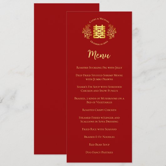 Red floral logo Chinese bruiloft dubbel geluk Menu (Voorkant / Achterkant)
