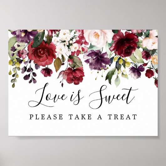 Red Floral Love is Sweet Wedding Dessert Bar Sign Poster (Voorkant)