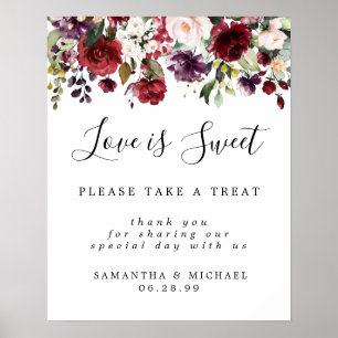 Red Floral Love is Sweet Wedding Dessert Bar Sign Poster