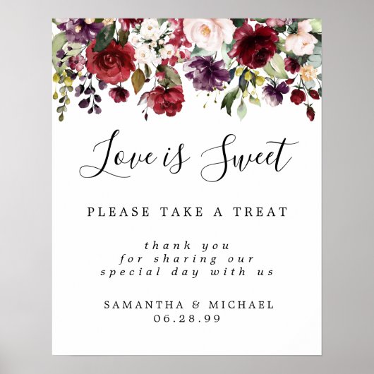 Red Floral Love is Sweet Wedding Dessert Bar Sign Poster (Voorkant)
