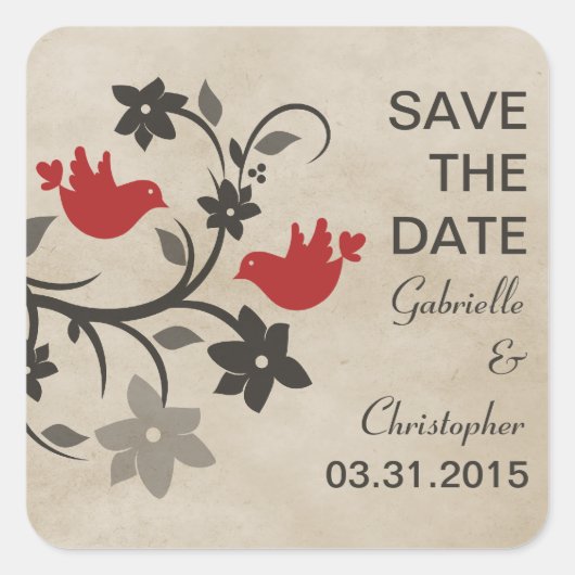 Red Floral Lovevogels sparen de Datum Stickers (Voorkant)