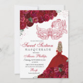 Red Floral Masquerade Sweet 16 Uitnodiging (Voorkant)