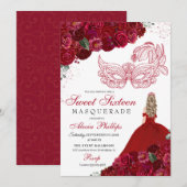 Red Floral Masquerade Sweet 16 Uitnodiging (Voorkant / Achterkant)
