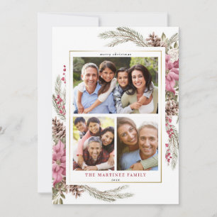 Red Floral Modern Botanical Berry Merry kerst Feestdagenkaart