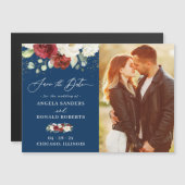 Red Floral Navy Blue Wedding Save the Date Magnet (Voorkant / Achterkant)