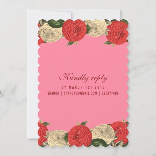 Red Floral op uitnodiging van roze verjaardag (Achterkant)