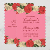 Red Floral op uitnodiging van roze verjaardag (Voorkant / Achterkant)