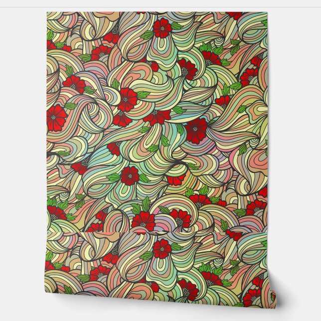 Red Floral Patroon met kleurrijke zachte vleugelli Behang (Afrollen)