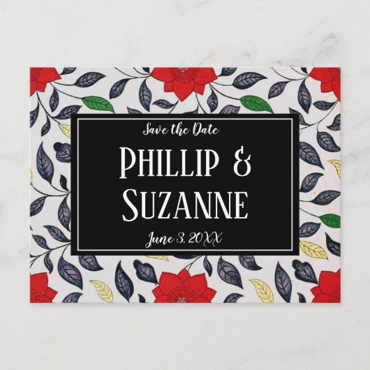  Red Floral Patroon sparen de Datum Aankondigingskaart (Voorkant)