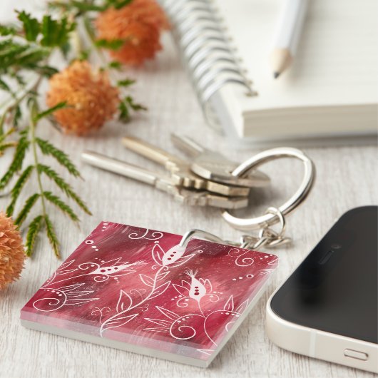 Red Floral Pattern Sleutelhanger (Voorkant Rechts)