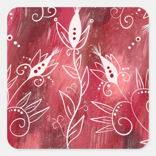 Red Floral Pattern Vierkante Sticker (Voorkant)
