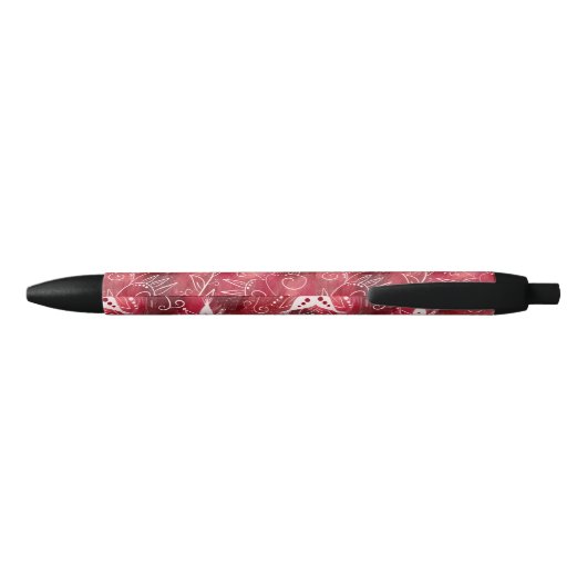 Red Floral Pattern Zwarte Inkt Pen (Achterkant)