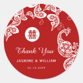 Red Floral Peacock Double Happiness Asian Wedding Ronde Sticker (Voorkant)