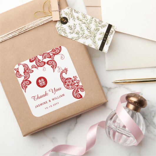 Red Floral Peacock Double Happiness Asian Wedding Vierkante Sticker (Geschenken)