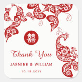 Red Floral Peacock Double Happiness Asian Wedding Vierkante Sticker (Voorkant)
