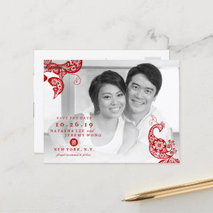 Red Floral Peacock Foto Chinees sparen de datum Aankondigingskaart